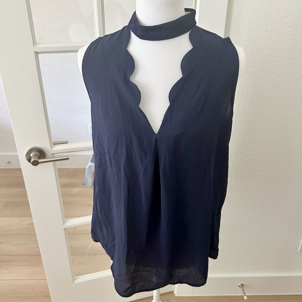 Faith & Joy Women Tank Top Blouse Sz Small Shell Scallop Neck w/ Chocker Blue